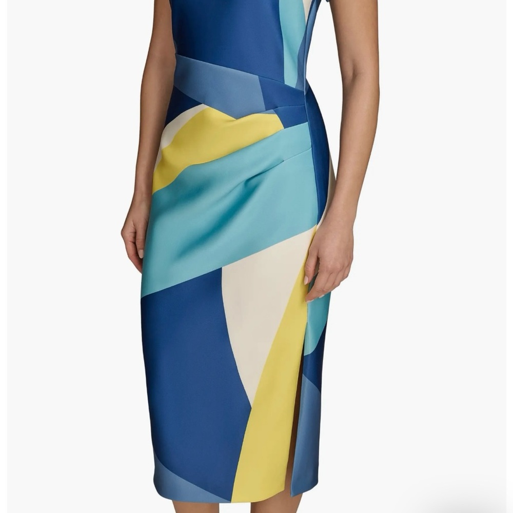 Donna Karan Blue and Yellow Geometric Midi Dress